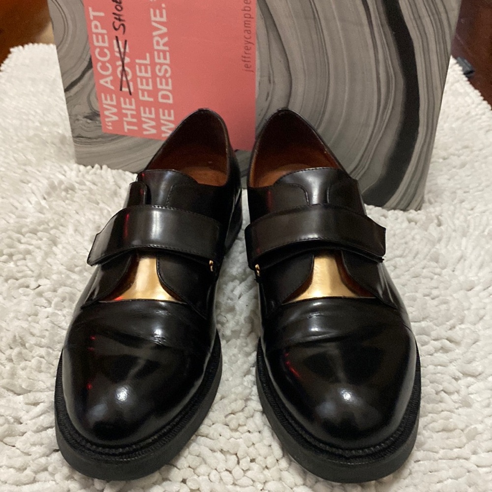 Jeffrey Campbell black and gold loafers